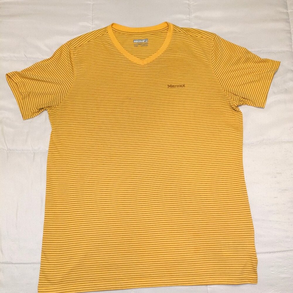 MARMOT Men's Yellow Gold Striped Short Sleeve V-Neck Tee Shirt Large